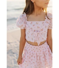 J.Marie Big Girls Adeline Floral Print Square Neck Short Puff Sleeve Ruched Tie Top