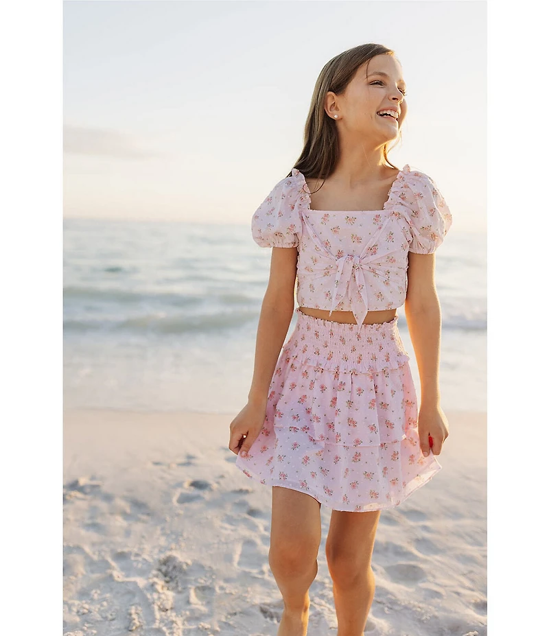 J.Marie Big Girls Adeline Floral Print Square Neck Short Puff Sleeve Ruched Tie Top