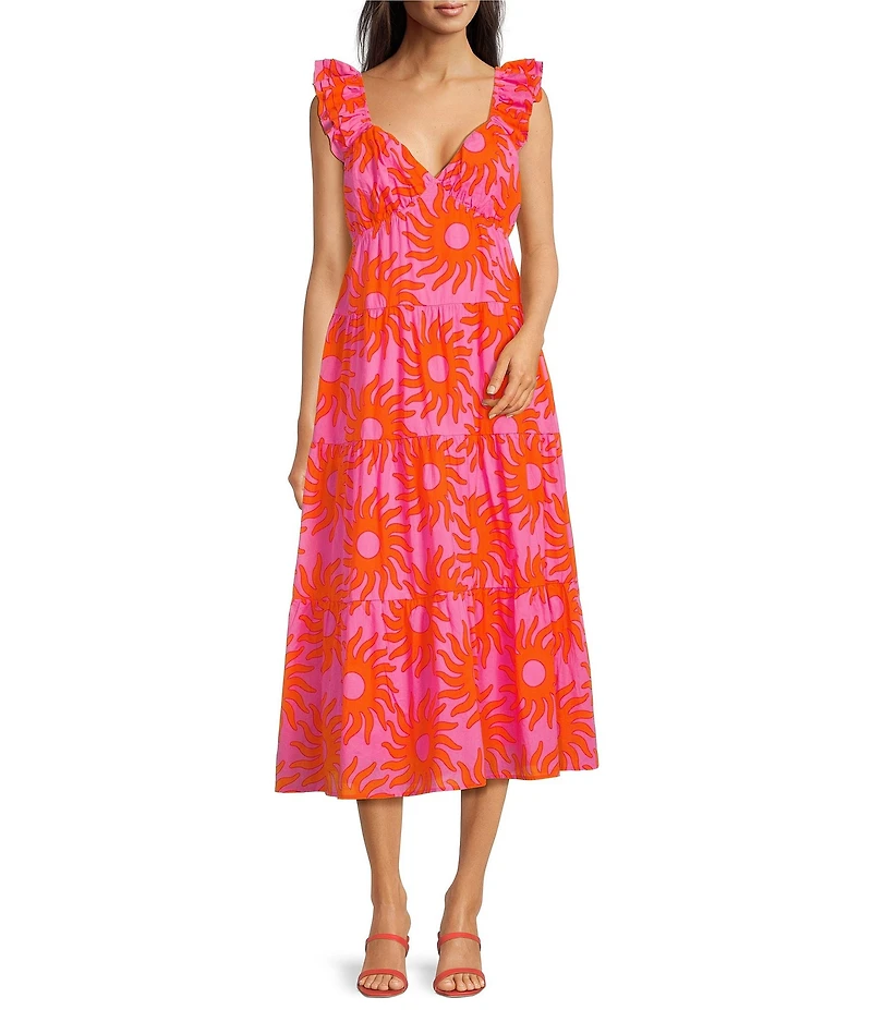 J.Marie Mara Floral V-Neck Ruffle Sleeve Midi A-Line Dress