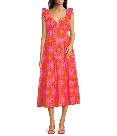 J.Marie Mara Floral V-Neck Ruffle Sleeve Midi A-Line Dress