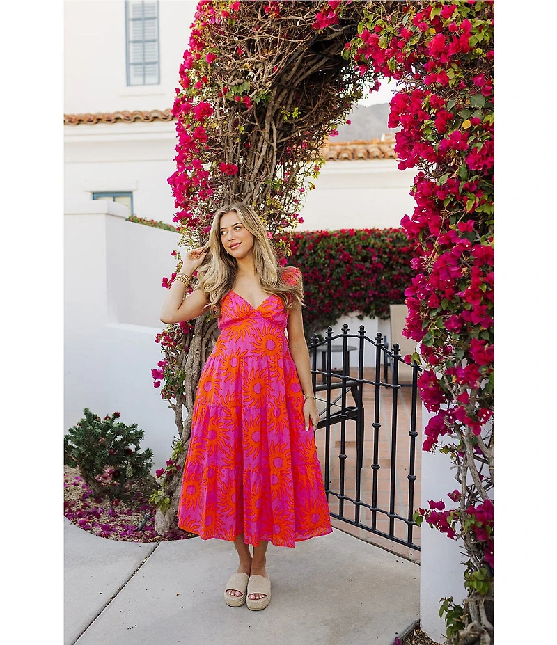 J.Marie Mara Floral V-Neck Ruffle Sleeve Midi A-Line Dress