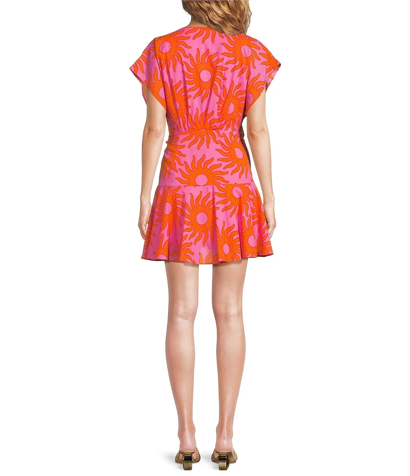 J.Marie Mara Sun Print V-Neck Short Flutter Sleeve Wrap Front Romper