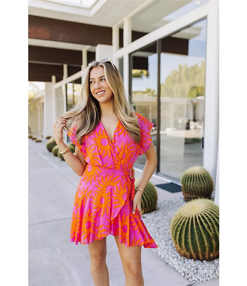 J.Marie Mara Sun Print V-Neck Short Flutter Sleeve Wrap Front Romper