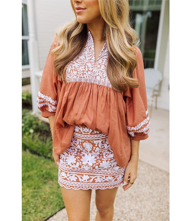 J.Marie Maria Floral Embroidered Split Round 3/4 Puff Sleeve Flounce Tunic