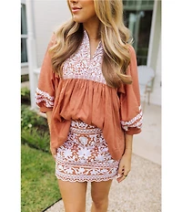 J.Marie Maria Floral Embroidered Split Round 3/4 Puff Sleeve Flounce Tunic