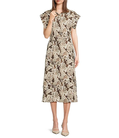 J.Marie Millie Short Sleeve Point Collar Belted Jacquard Button Front Midi Dress