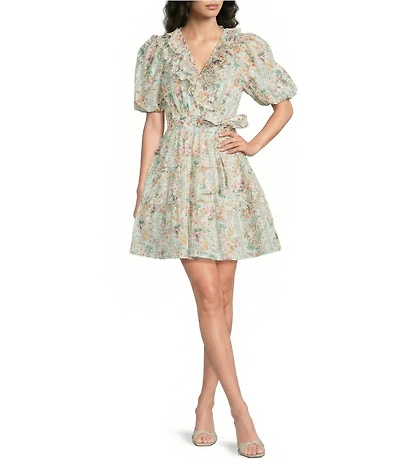 J.Marie Nora Floral Ruffle Wrap V-Neckline Belted A-Line Dress