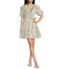 J.Marie Nora Floral Ruffle Wrap V-Neckline Belted A-Line Dress