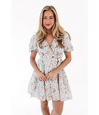 J.Marie Nora Floral Ruffle Wrap V-Neckline Belted A-Line Dress