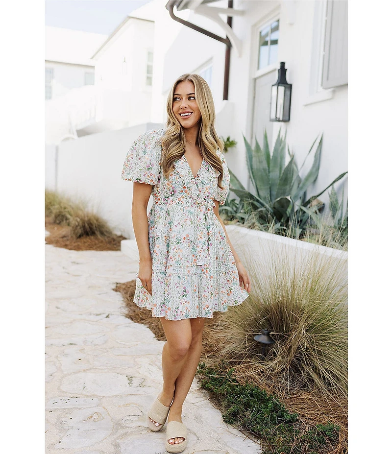 J.Marie Nora Floral Ruffle Wrap V-Neckline Belted A-Line Dress