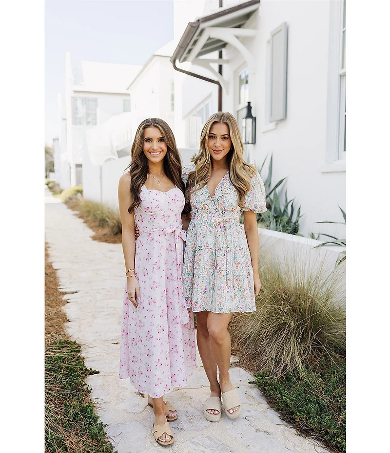 J.Marie Nora Floral Ruffle Wrap V-Neckline Belted A-Line Dress