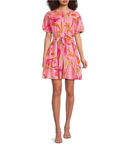 J.Marie Playa Boyfriend Tropical Print Short Puff Sleeve Belted Mini Dress
