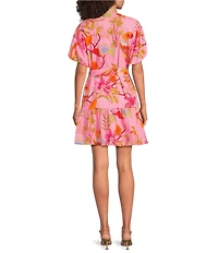 J.Marie Playa Boyfriend Tropical Print Short Puff Sleeve Belted Mini Dress