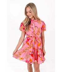 J.Marie Playa Boyfriend Tropical Print Short Puff Sleeve Belted Mini Dress