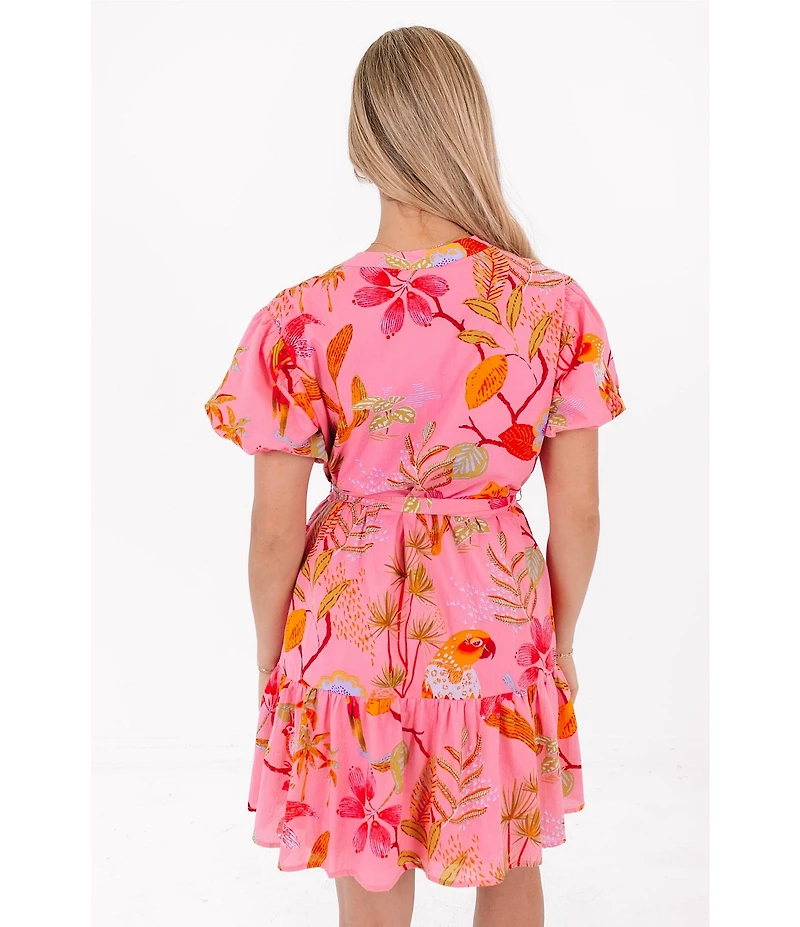 J.Marie Playa Boyfriend Tropical Print Short Puff Sleeve Belted Mini Dress