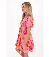 J.Marie Playa Boyfriend Tropical Print Short Puff Sleeve Belted Mini Dress