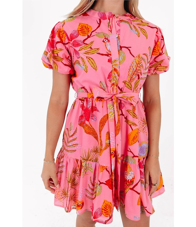 J.Marie Playa Boyfriend Tropical Print Short Puff Sleeve Belted Mini Dress