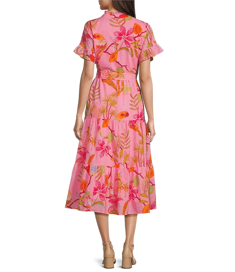 J.Marie Playa Button Up Ruffle Sleeve Belted Tiered Midi A-Line Dress