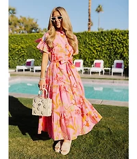 J.Marie Playa Button Up Ruffle Sleeve Belted Tiered Midi A-Line Dress