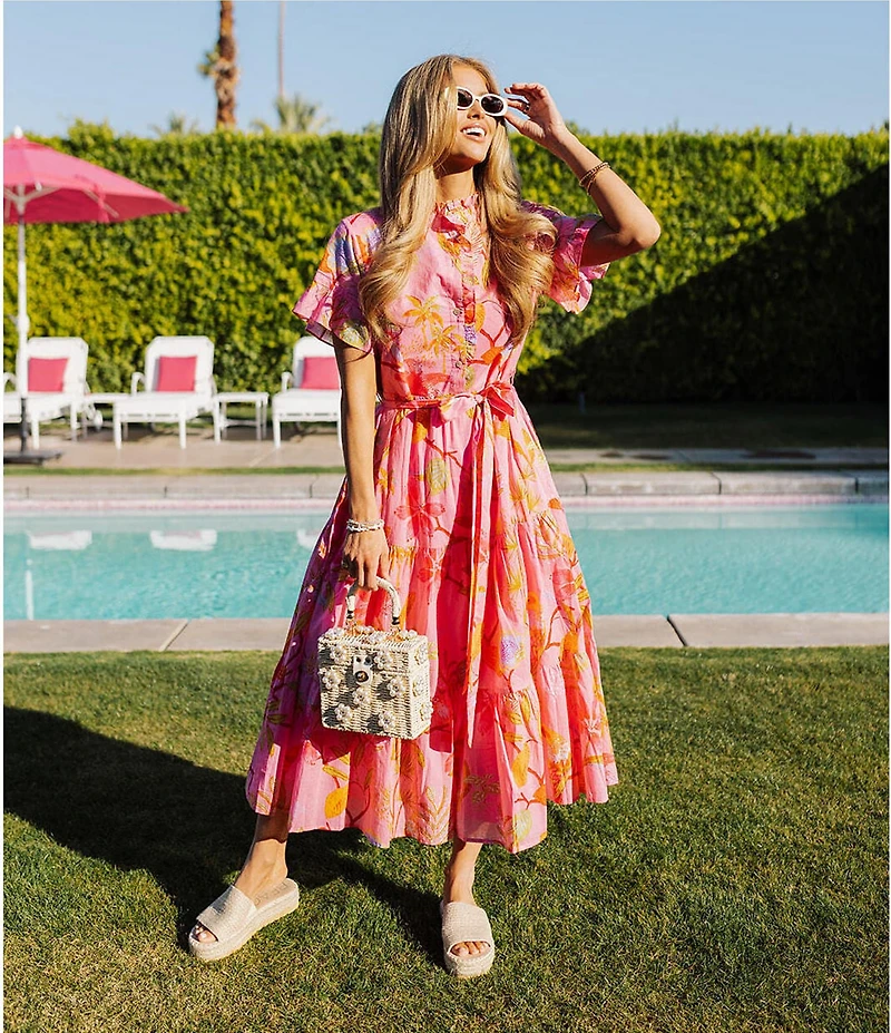 J.Marie Playa Button Up Ruffle Sleeve Belted Tiered Midi A-Line Dress