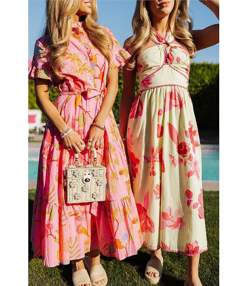 J.Marie Playa Button Up Ruffle Sleeve Belted Tiered Midi A-Line Dress