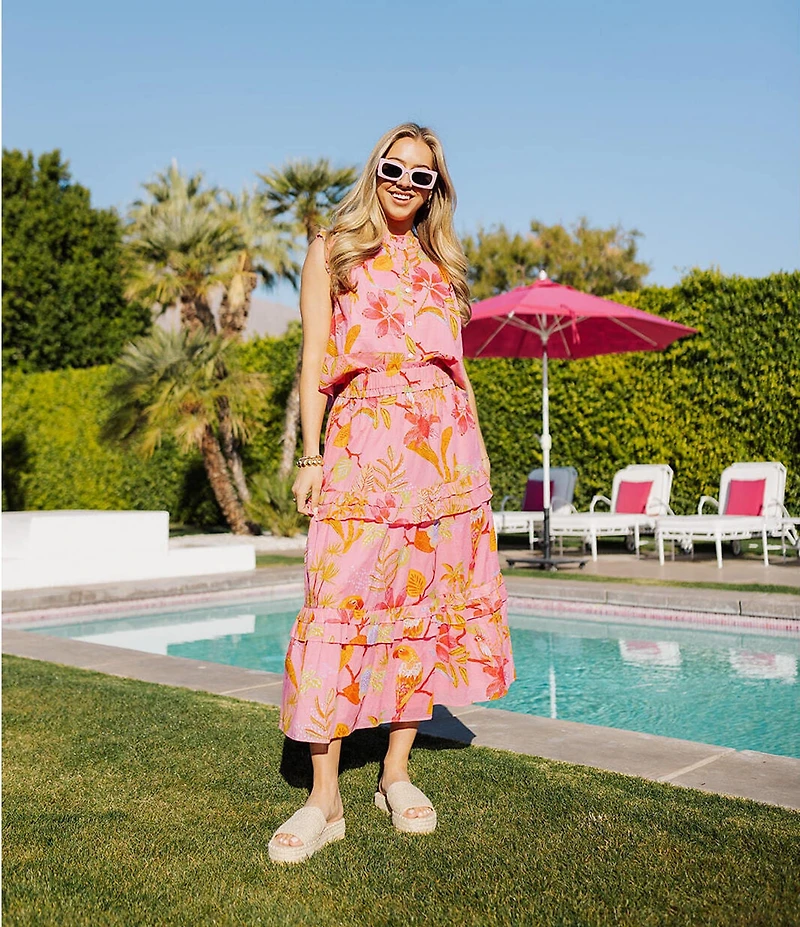 J.Marie Coordinating Playa Tropical Print Midi Tiered Skirt