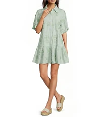 J.Marie Poppy Button Down Collared Short Puff Sleeve Tiered Shirt Dress