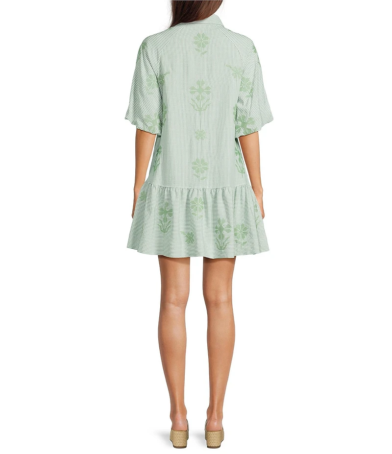 J.Marie Poppy Button Down Collared Short Puff Sleeve Tiered Shirt Dress