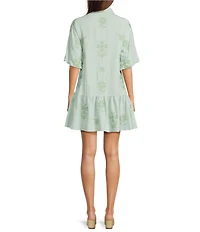 J.Marie Poppy Button Down Collared Short Puff Sleeve Tiered Shirt Dress