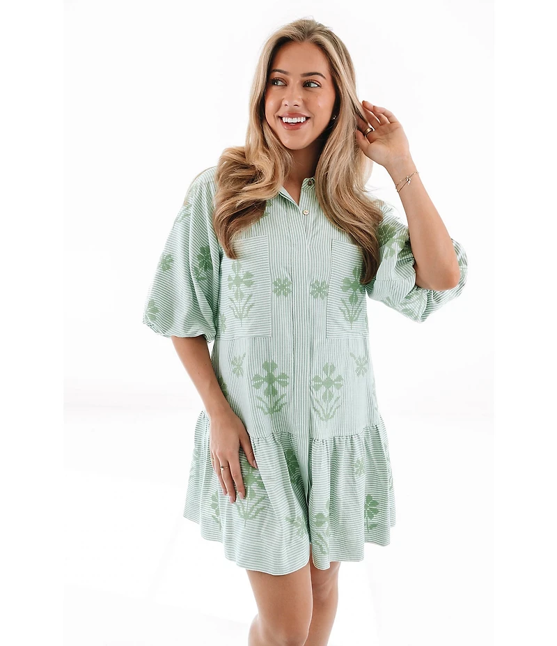 J.Marie Poppy Button Down Collared Short Puff Sleeve Tiered Shirt Dress