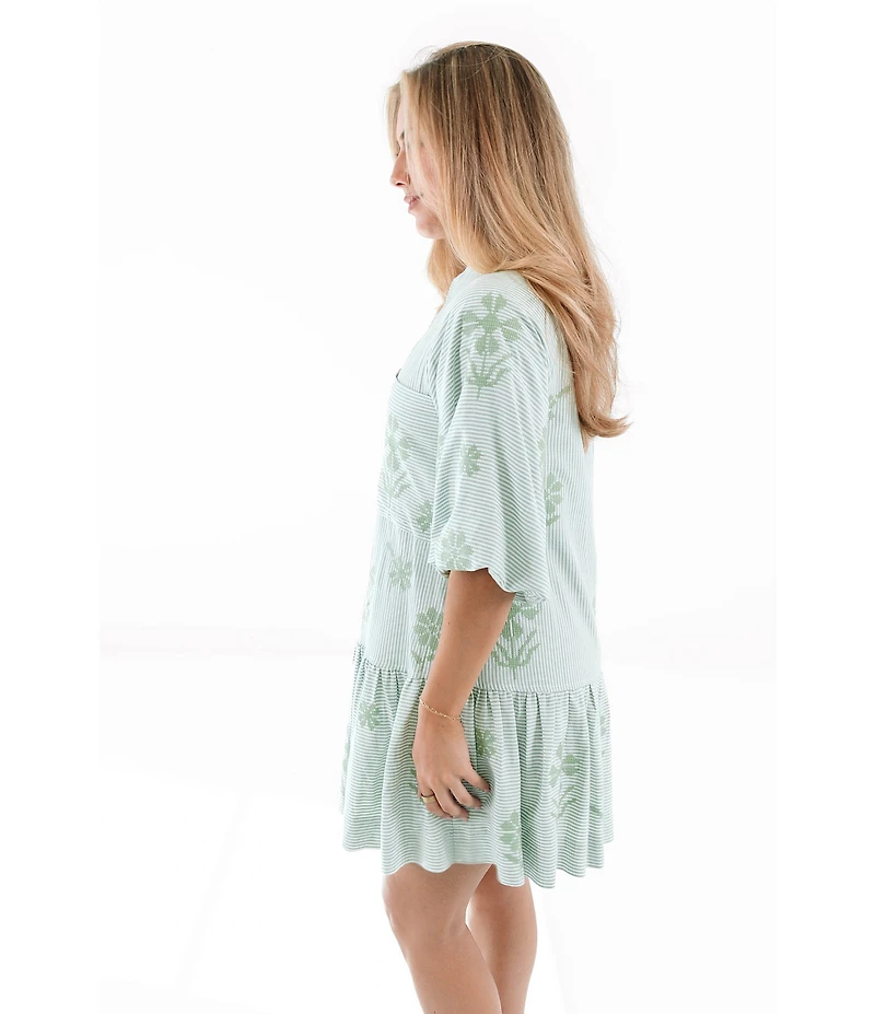 J.Marie Poppy Button Down Collared Short Puff Sleeve Tiered Shirt Dress