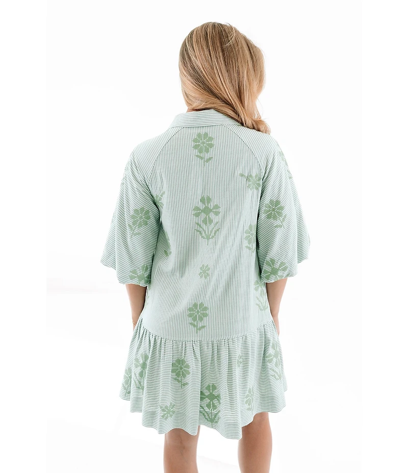 J.Marie Poppy Button Down Collared Short Puff Sleeve Tiered Shirt Dress