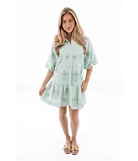 J.Marie Poppy Button Down Collared Short Puff Sleeve Tiered Shirt Dress