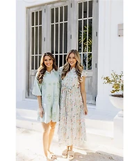 J.Marie Poppy Button Down Collared Short Puff Sleeve Tiered Shirt Dress