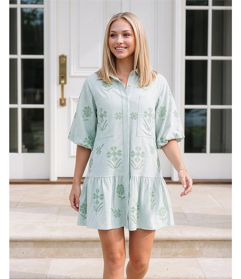 J.Marie Poppy Point Collared Short Puff Sleeve Tiered Shirt Dress