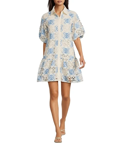 J.Marie Reece Button Up Short Puff Sleeve Shirt Dress