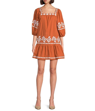 J.Marie Amalia Embroidered 3/4 Sleeve Square Neck Dress