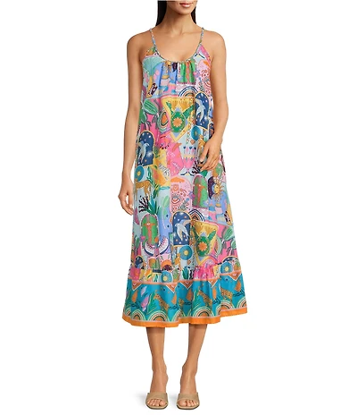 J.Marie Sloane Printed Scoop Neck Braided Midi Shift Dress