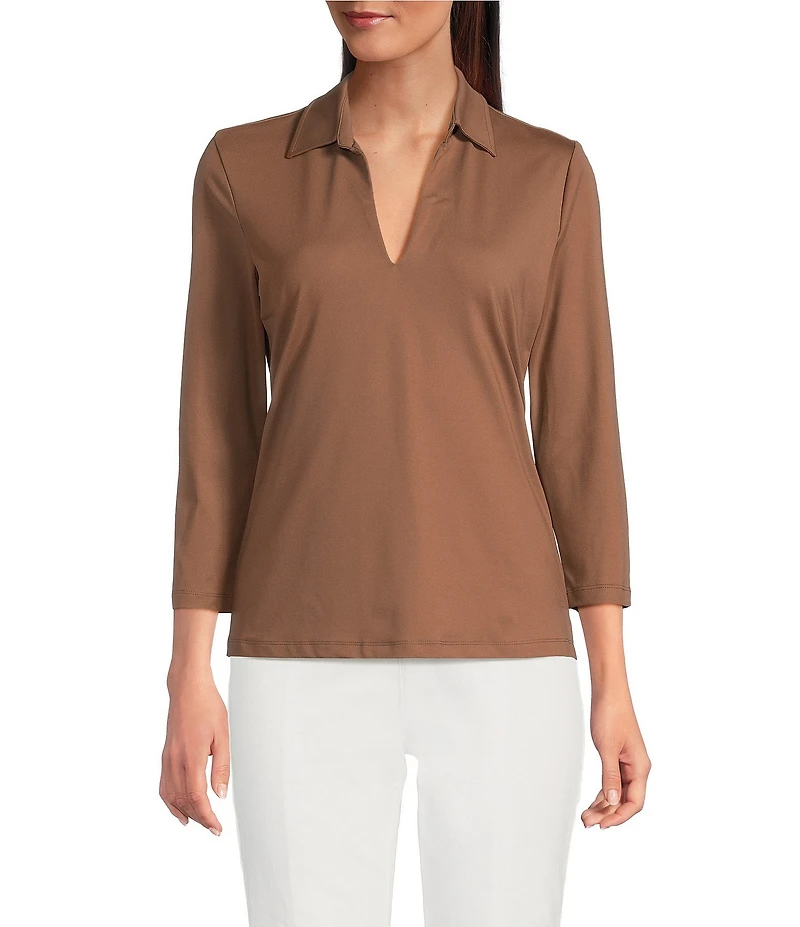 J.McLaughlin Aida Solid Catalina Cloth Collar Split V-Neck 3/4 Sleeve Top