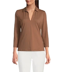 J.McLaughlin Aida Solid Catalina Cloth Collar Split V-Neck 3/4 Sleeve Top