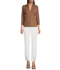 J.McLaughlin Aida Solid Catalina Cloth Collar Split V-Neck 3/4 Sleeve Top