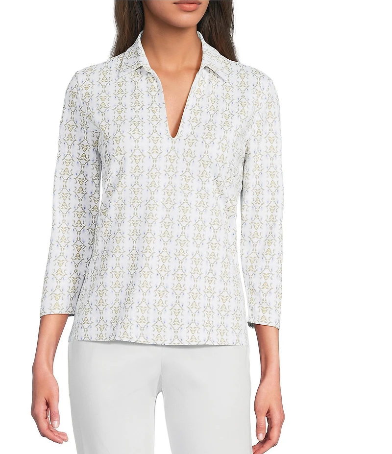 J.McLaughlin Aida Printed Catalina Cloth Collared Split V-Neck 3/4 Sleeve Top