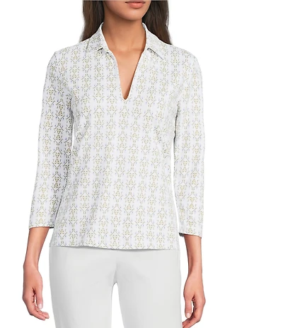 J.McLaughlin Aida Printed Catalina Cloth Collared Split V-Neck 3/4 Sleeve Top