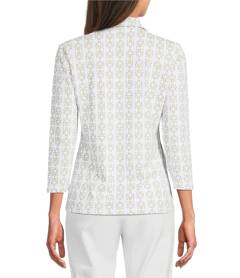 J.McLaughlin Aida Printed Catalina Cloth Collared Split V-Neck 3/4 Sleeve Top
