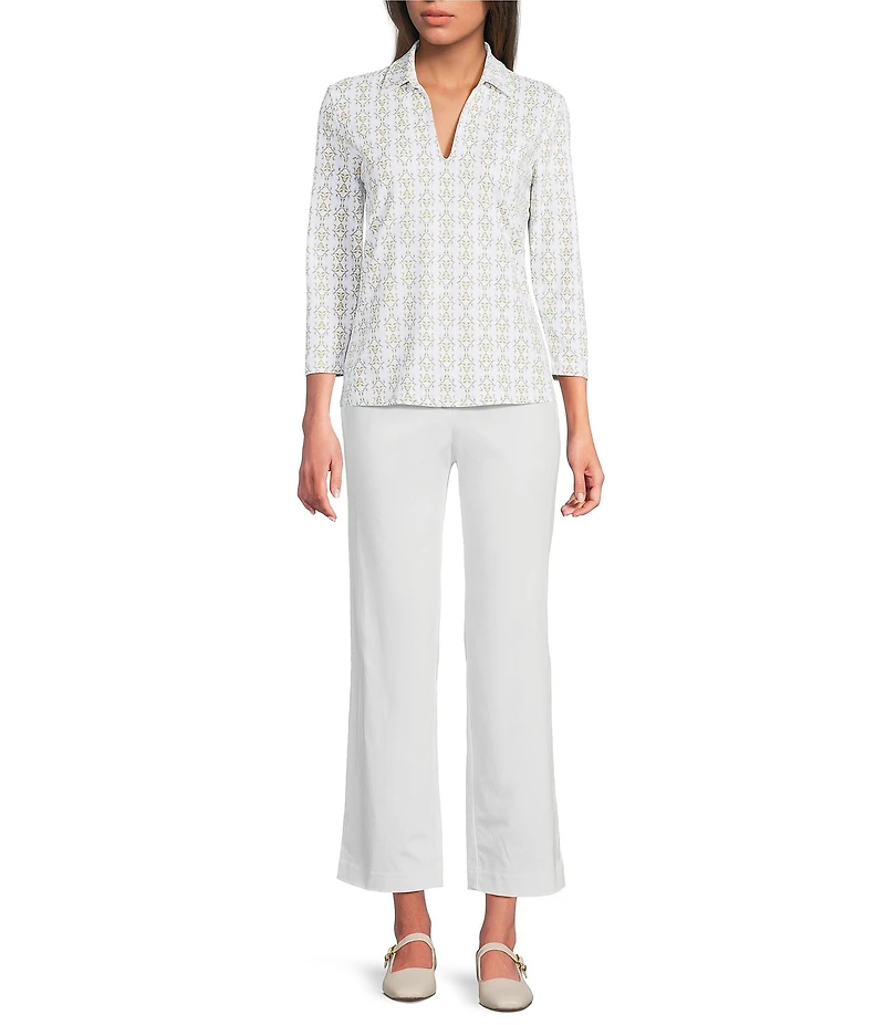 J.McLaughlin Aida Printed Catalina Cloth Collared Split V-Neck 3/4 Sleeve Top