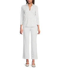 J.McLaughlin Aida Printed Catalina Cloth Collared Split V-Neck 3/4 Sleeve Top