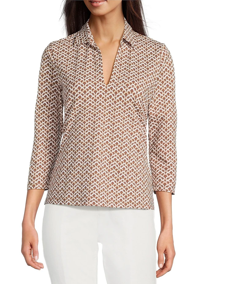 J.McLaughlin Aida Printed Catalina Cloth Split V-Neck 3/4 Sleeve Top