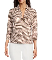 J.McLaughlin Aida Printed Catalina Cloth Split V-Neck 3/4 Sleeve Top