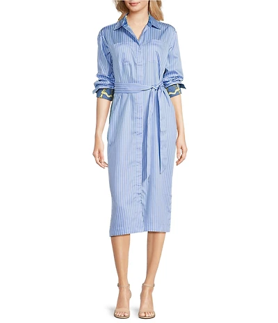J.McLaughlin Aida Printed Catalina Cloth Split V-Neck 3/4 Sleeve Belted Midi Dress