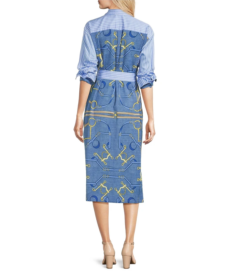 J.McLaughlin Aida Printed Catalina Cloth Split V-Neck 3/4 Sleeve Belted Midi Dress